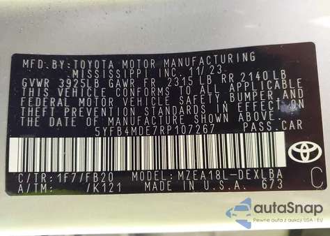 2024 Toyota Corolla Le из США, поврежденный, VIN 5YFB4MDE7RP107267